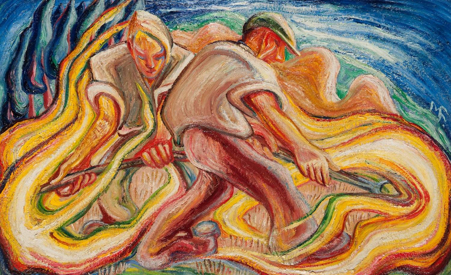 Millie Frood (1900- 1988), Turning Hay, date unknown, Culture NL, Museums and Heritage. The influence of the expressionist movement can be seen in the abstract landscapes of Motherwell-born artist Amelia ‘Millie’ Frood. Frood, who taught in Lanarkshire, attended Glasgow School of Art and was a founder member of the New Scottish Group. CultureNL holds another Frood painting in the museum collections, titled On the Farm.